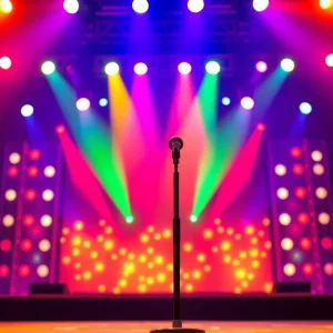 Vibrant stage with microphone during a singing competition