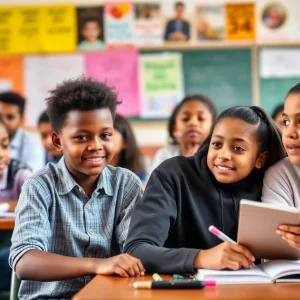 Diverse students in a bright classroom participating in educational activities.