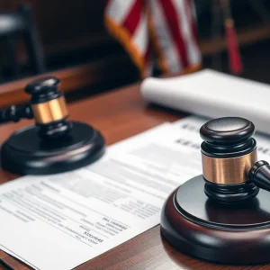 Courtroom scene with legal documents and a gavel