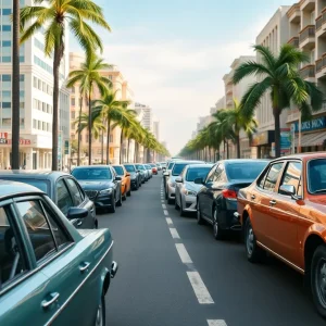 Cars parked on a vibrant city street, highlighting a mix of older and newer models.