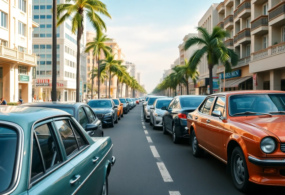 Cars parked on a vibrant city street, highlighting a mix of older and newer models.