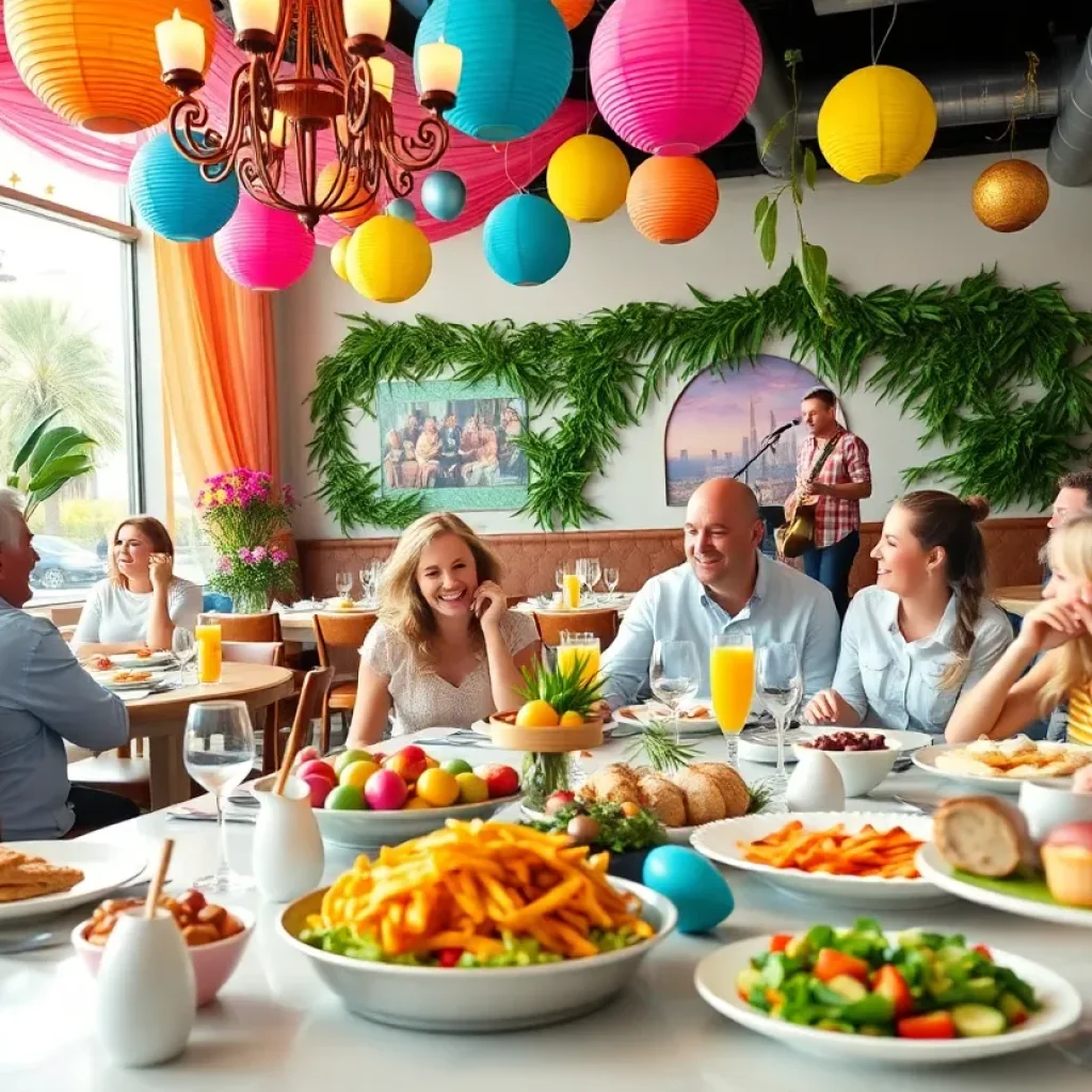 Families enjoying Easter brunch in Las Vegas with food and decorations.