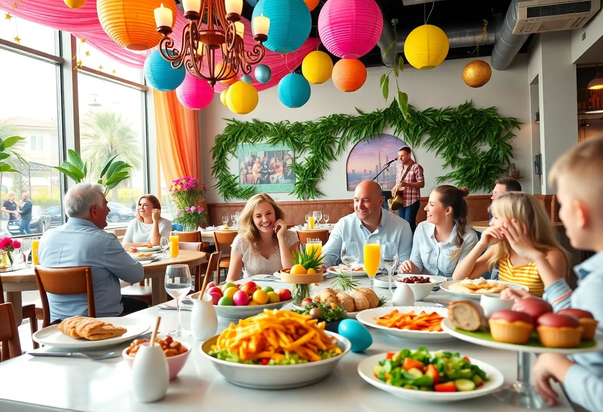 Families enjoying Easter brunch in Las Vegas with food and decorations.