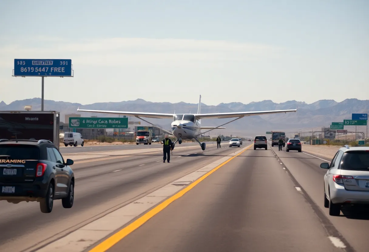 Small plane emergency landing on a highway near Las Vegas with responders on site