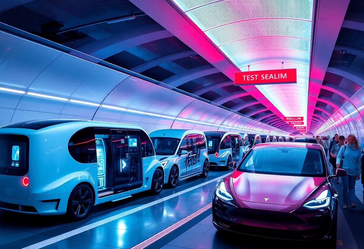 Underground transportation station at Encore with Tesla vehicles.