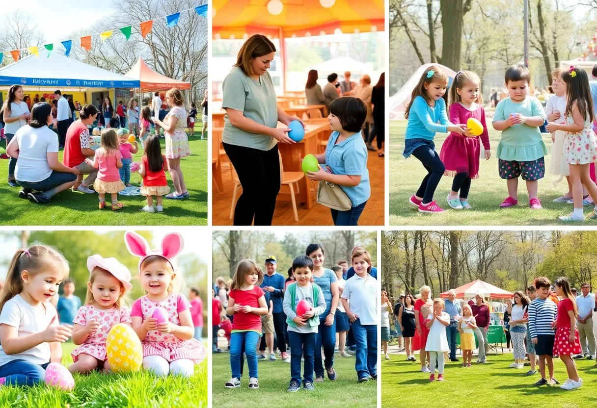 Families enjoying different events in Las Vegas, including an Easter egg hunt and a music festival.