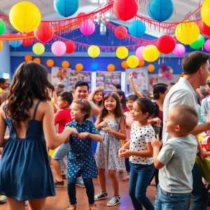 Families enjoying a lively dance party at AREA15 in Las Vegas.