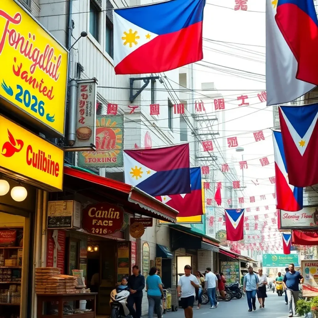A colorful view of Filipino Town in Las Vegas featuring eateries and cultural elements.