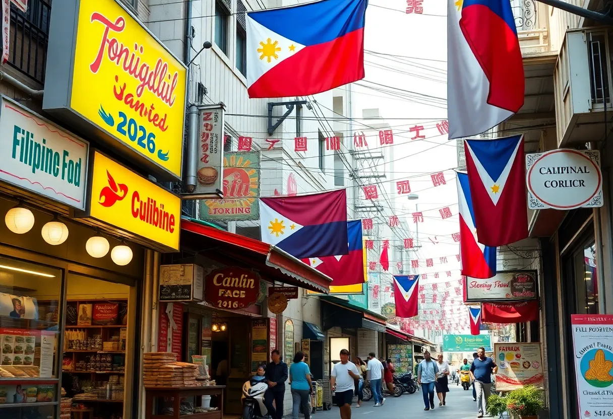 A colorful view of Filipino Town in Las Vegas featuring eateries and cultural elements.