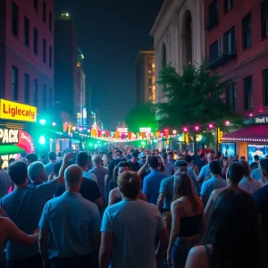Crowd enjoying the Fremont East block party with colorful lights and festive decorations.