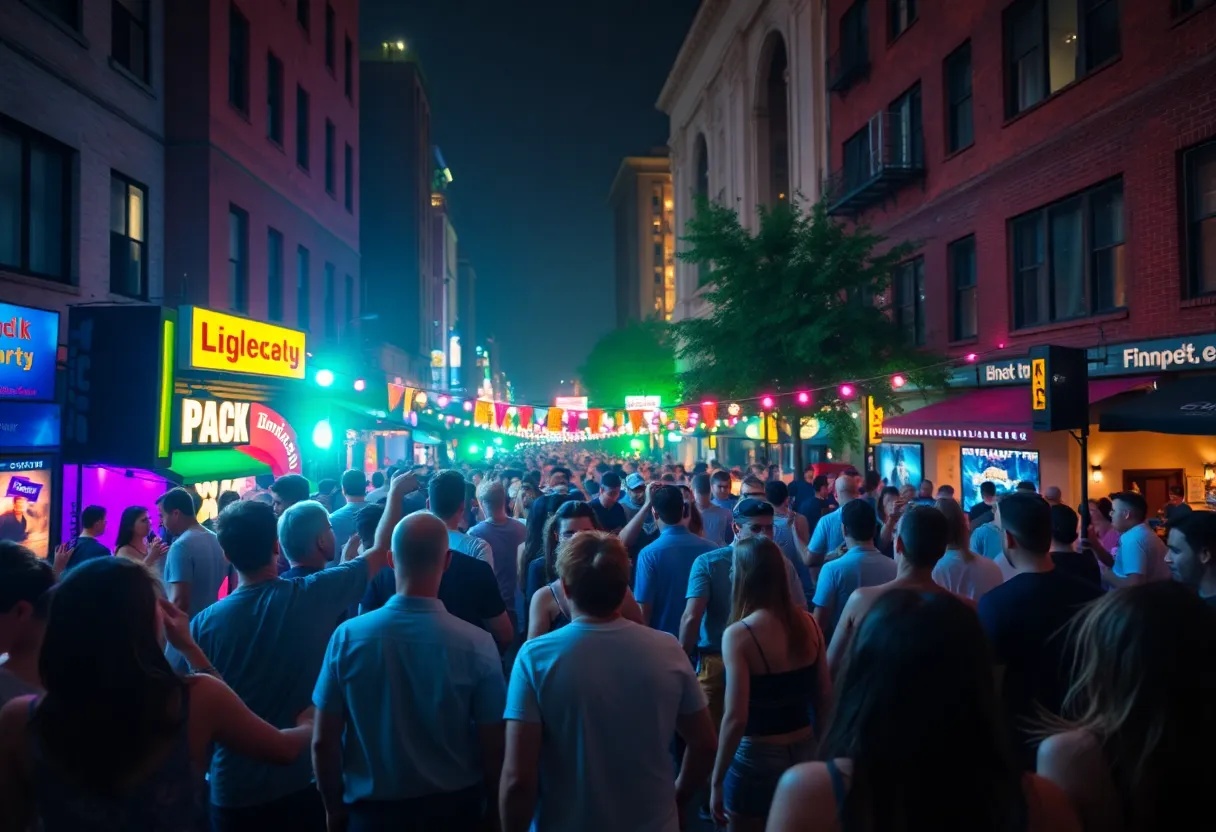 Crowd enjoying the Fremont East block party with colorful lights and festive decorations.