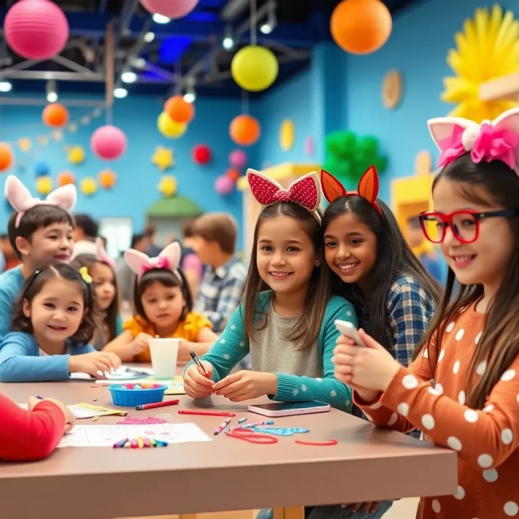 Families enjoying crafting activities at Gabby's Dollhouse event