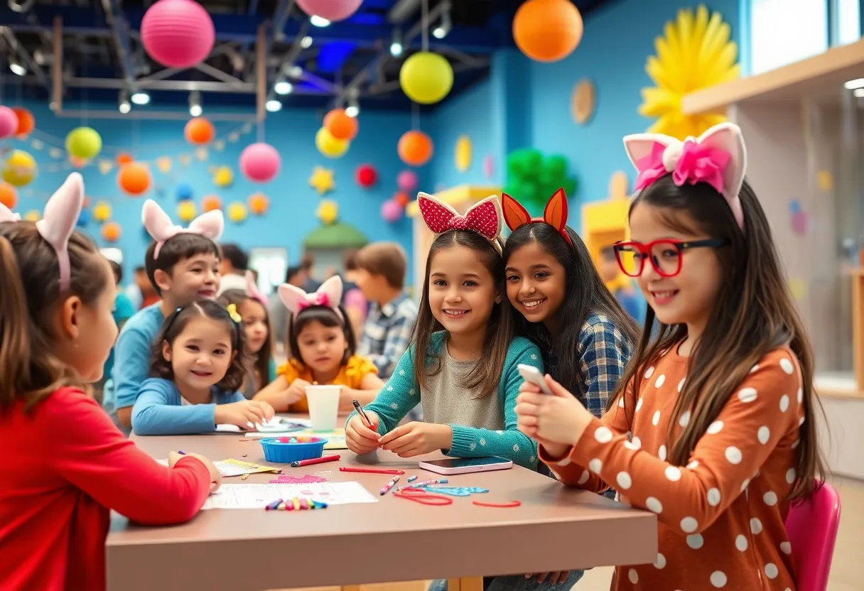 Families enjoying crafting activities at Gabby's Dollhouse event
