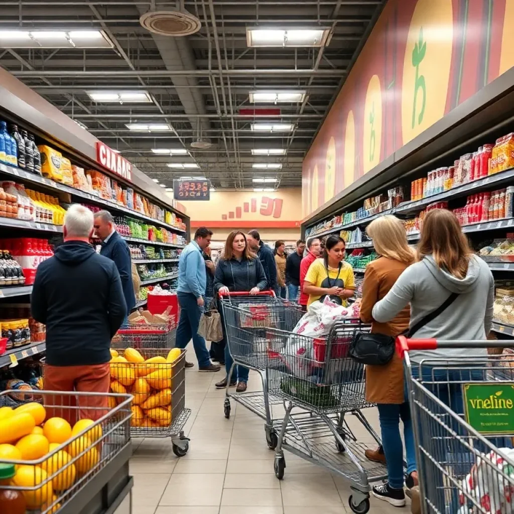 Shoppers in a grocery store in Las Vegas comparing prices.