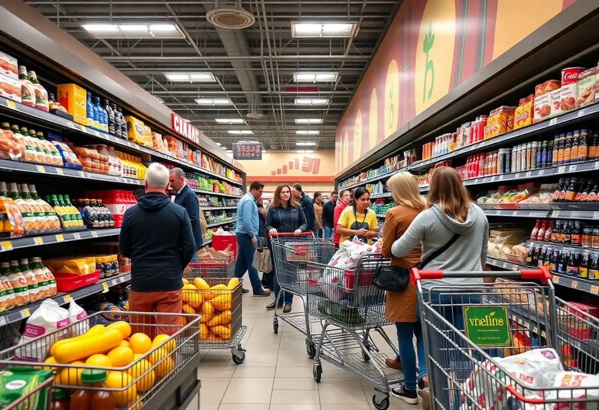 Shoppers in a grocery store in Las Vegas comparing prices.