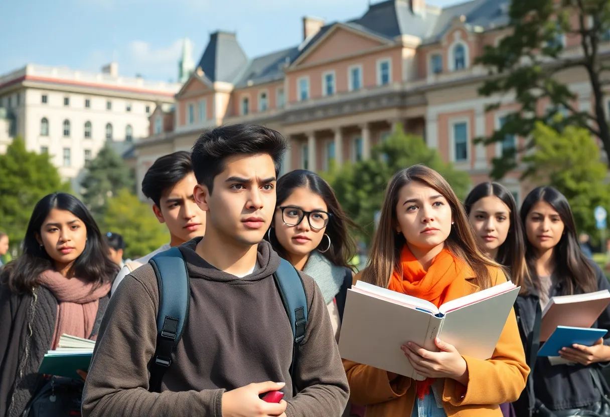 A diverse group of students looking anxious amid university buildings