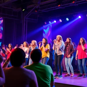 A young singer performing on stage at a talent competition.