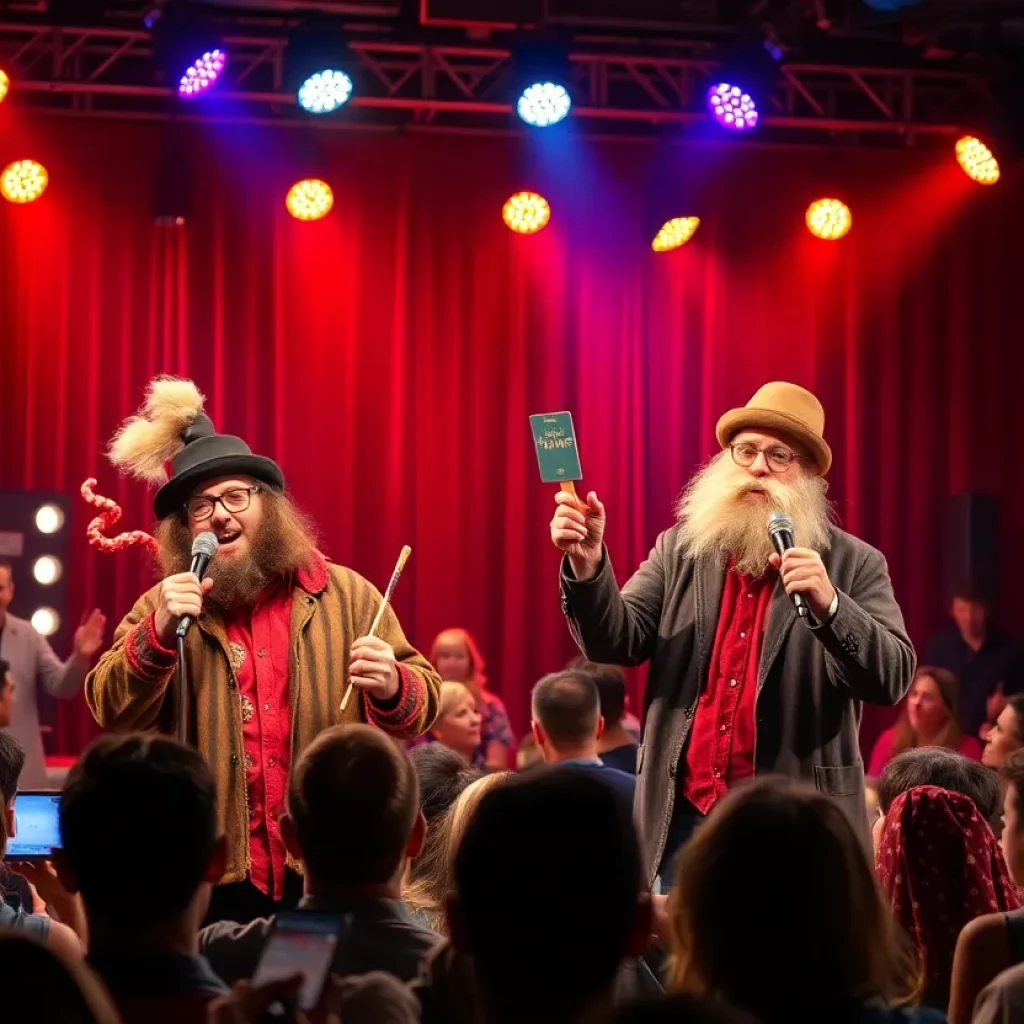 Audience enjoying a live comedy performance featuring iconic characters