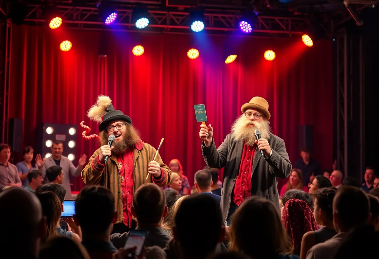 Audience enjoying a live comedy performance featuring iconic characters