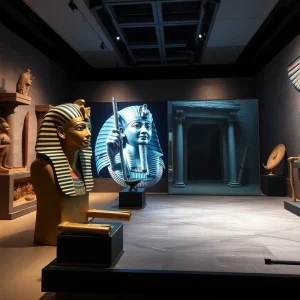 Ancient artifacts from King Tut's tomb displayed in a modern exhibit