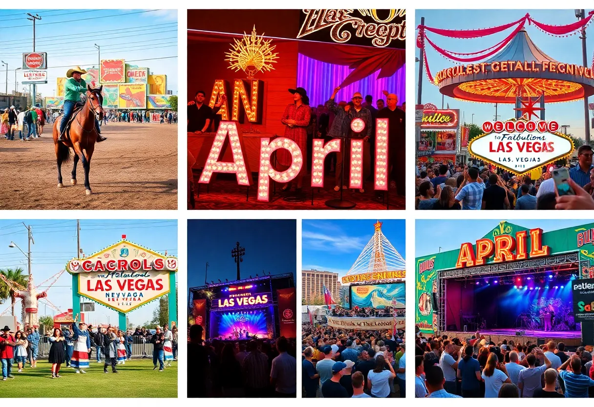 Collage of Las Vegas April events with crowds and festive activities