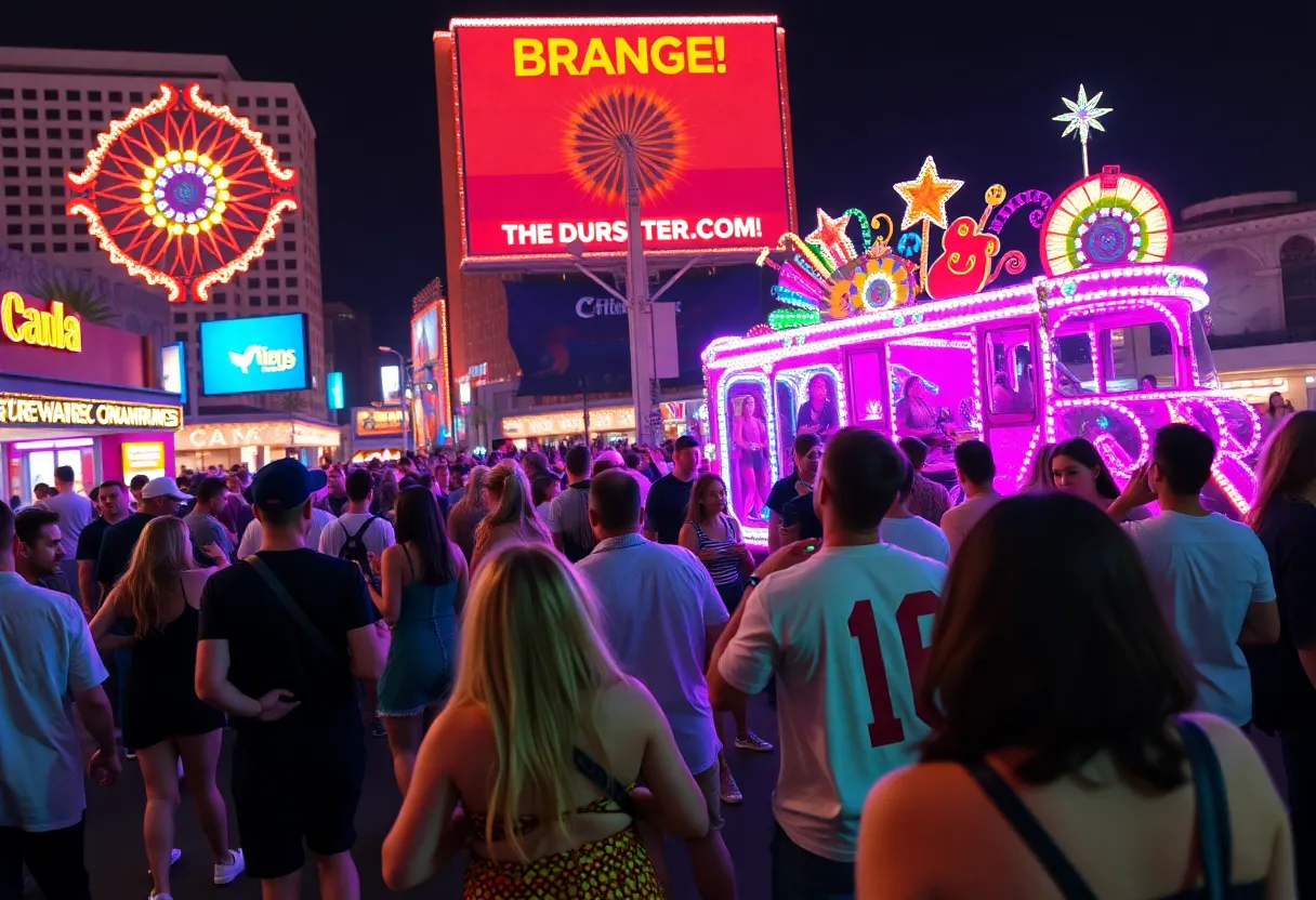 Crowd dancing at Las Vegas block party with colorful lights