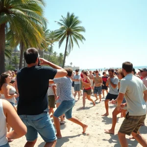 Crowded beach scene with a chaotic brawl