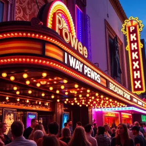 A vibrant illustration of a Las Vegas theater showcasing Broadway performances