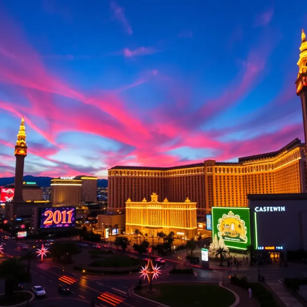 A scenic view of Las Vegas at dusk with illuminated buildings and colorful skies.