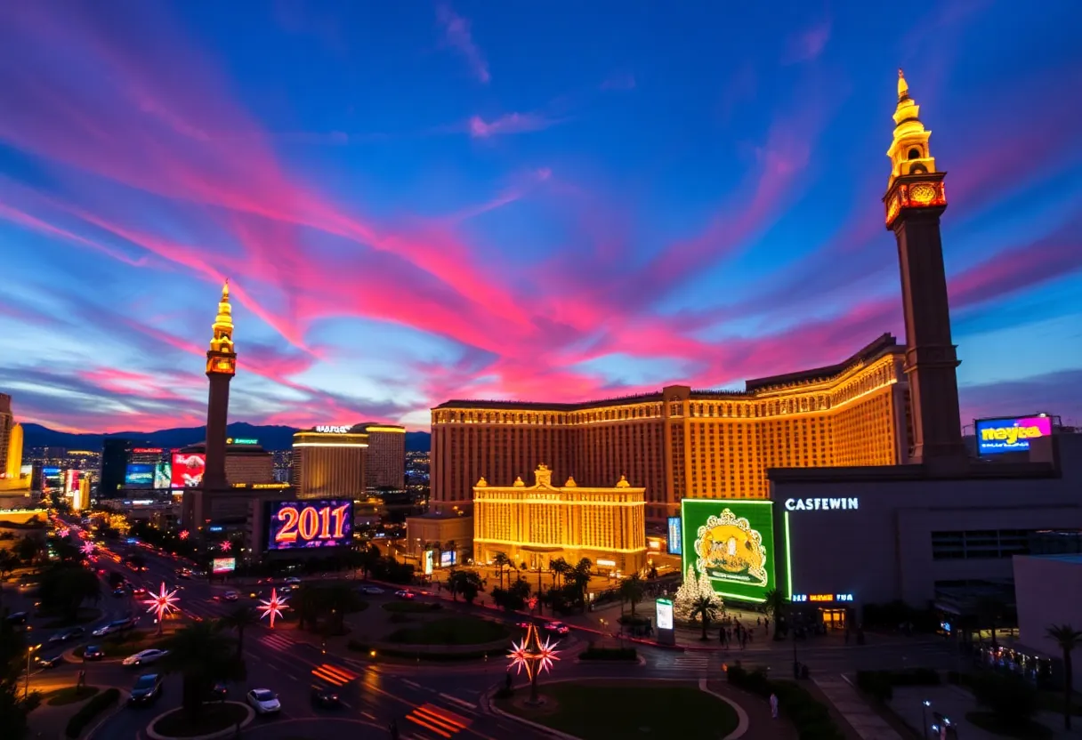 A scenic view of Las Vegas at dusk with illuminated buildings and colorful skies.