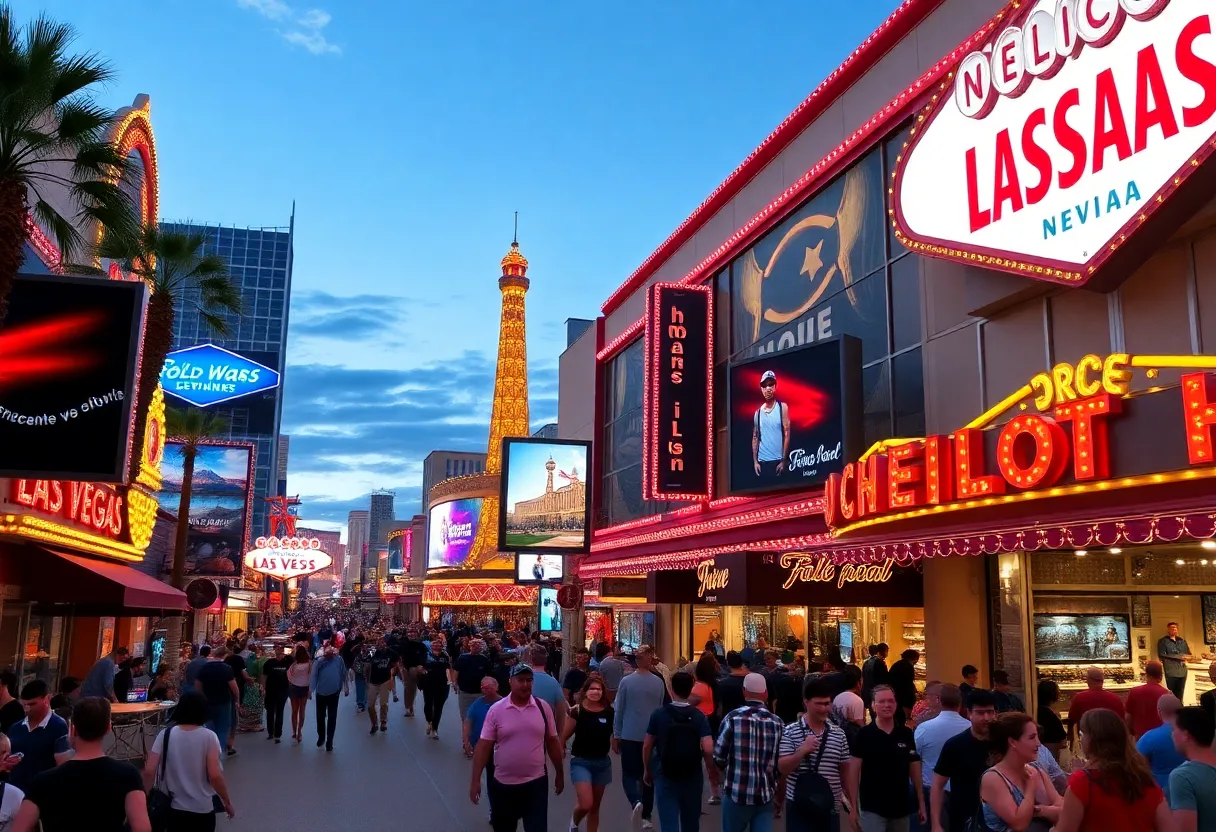 Diverse entertainment events in Las Vegas with colorful lights