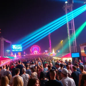 Crowd enjoying a music festival in Las Vegas with colorful lights