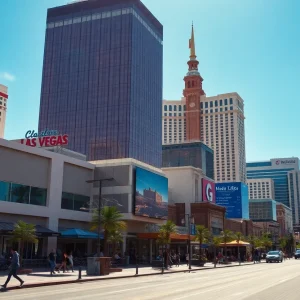 Las Vegas cityscape under a hot sunny day