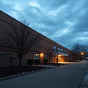 Empty alleyway outside a high school