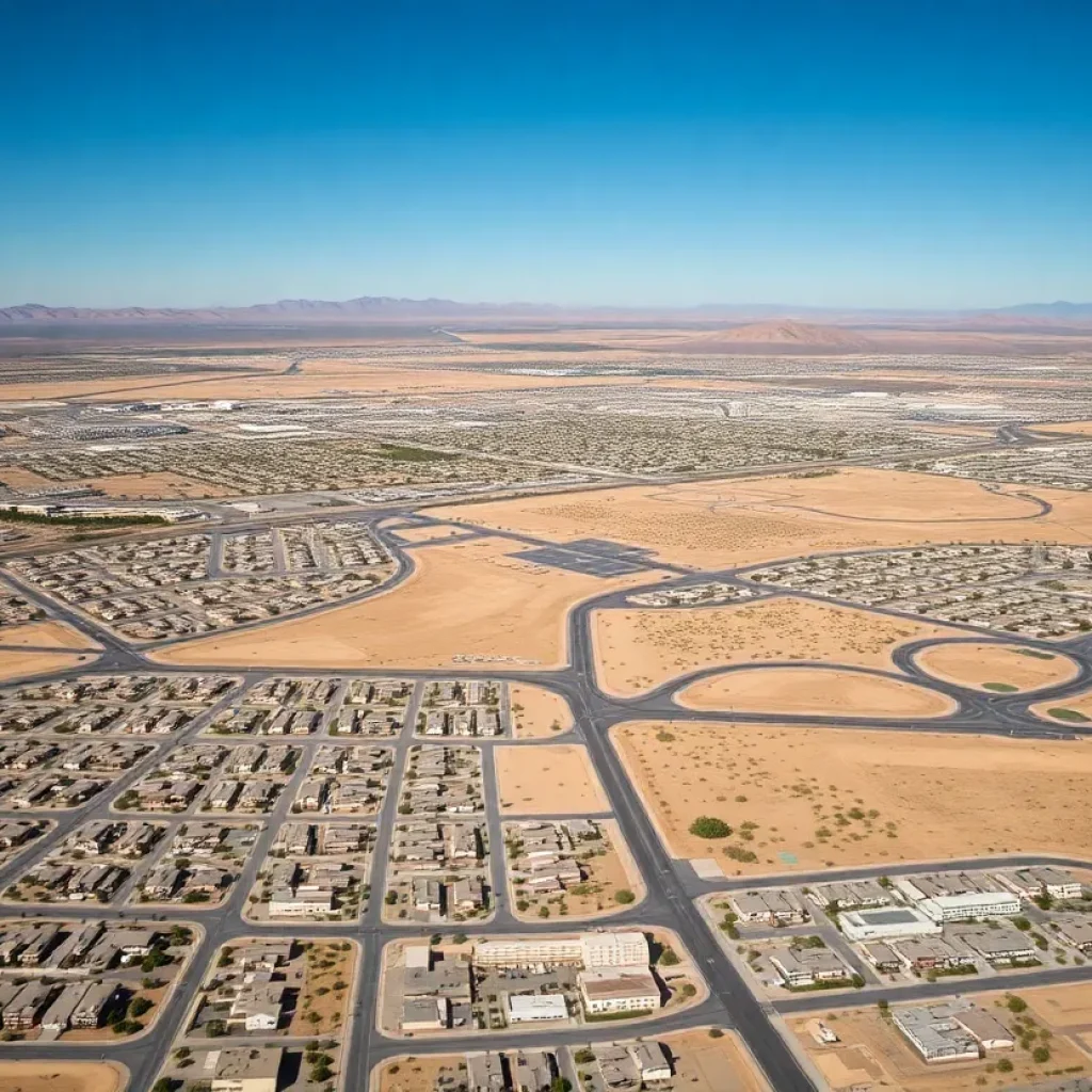 Render of new housing developments in Las Vegas with diverse architectural styles and community spaces