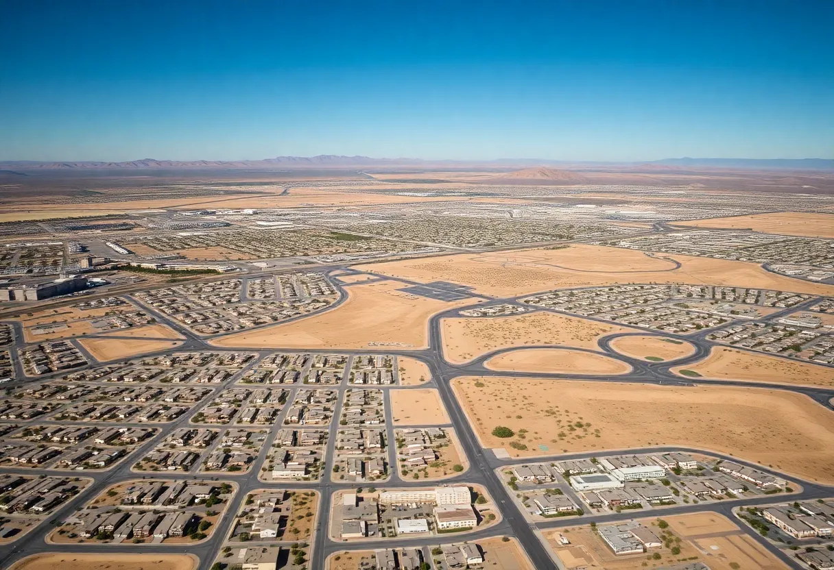 Render of new housing developments in Las Vegas with diverse architectural styles and community spaces
