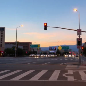 A busy intersection in Las Vegas with pedestrian signals and crosswalks.