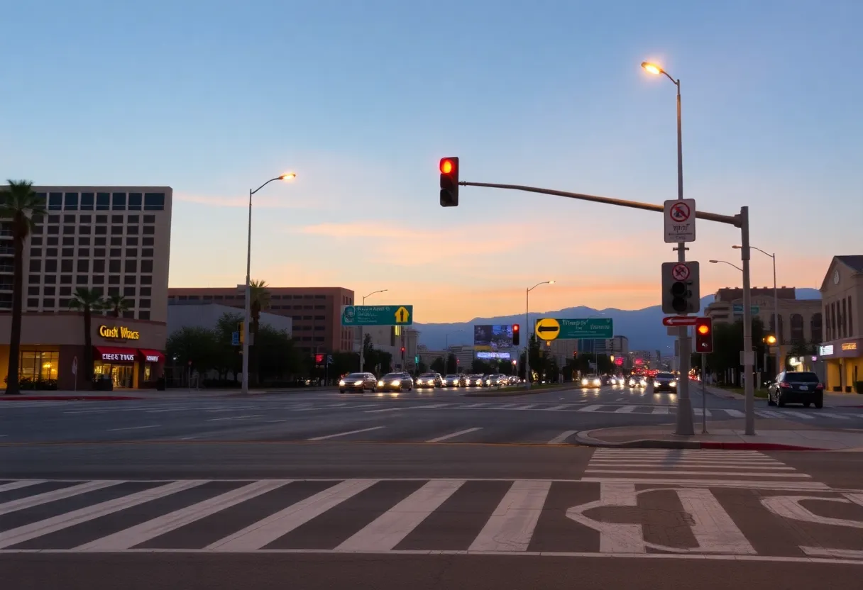 A busy intersection in Las Vegas with pedestrian signals and crosswalks.