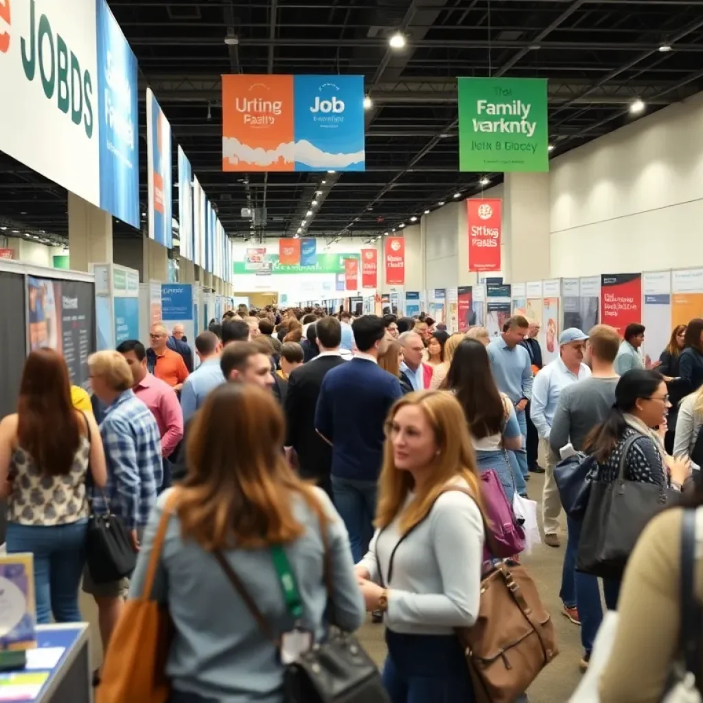 A busy job fair in Las Vegas with numerous attendees and employers networking.