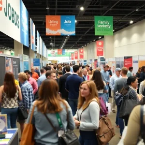A busy job fair in Las Vegas with numerous attendees and employers networking.