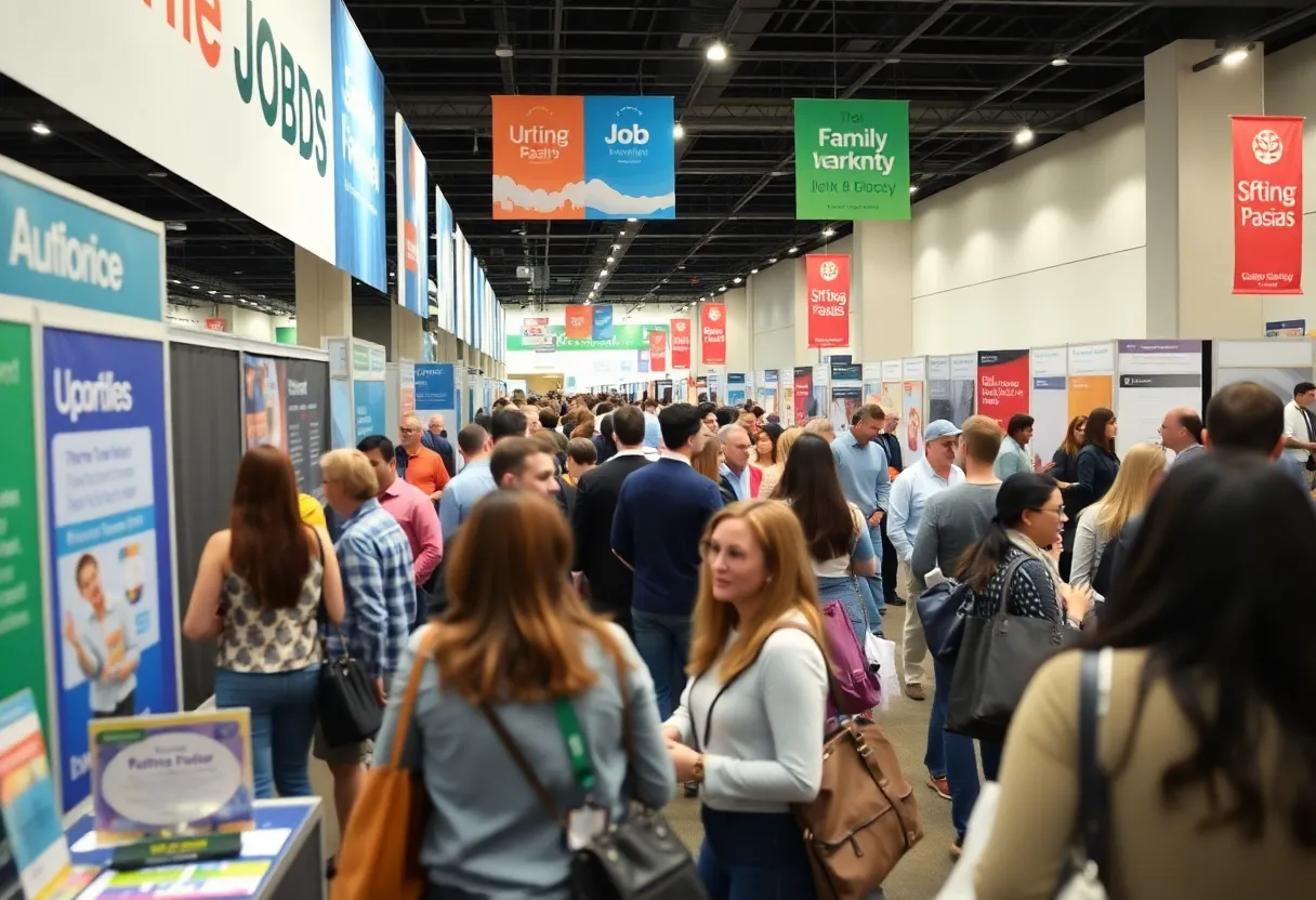 A busy job fair in Las Vegas with numerous attendees and employers networking.
