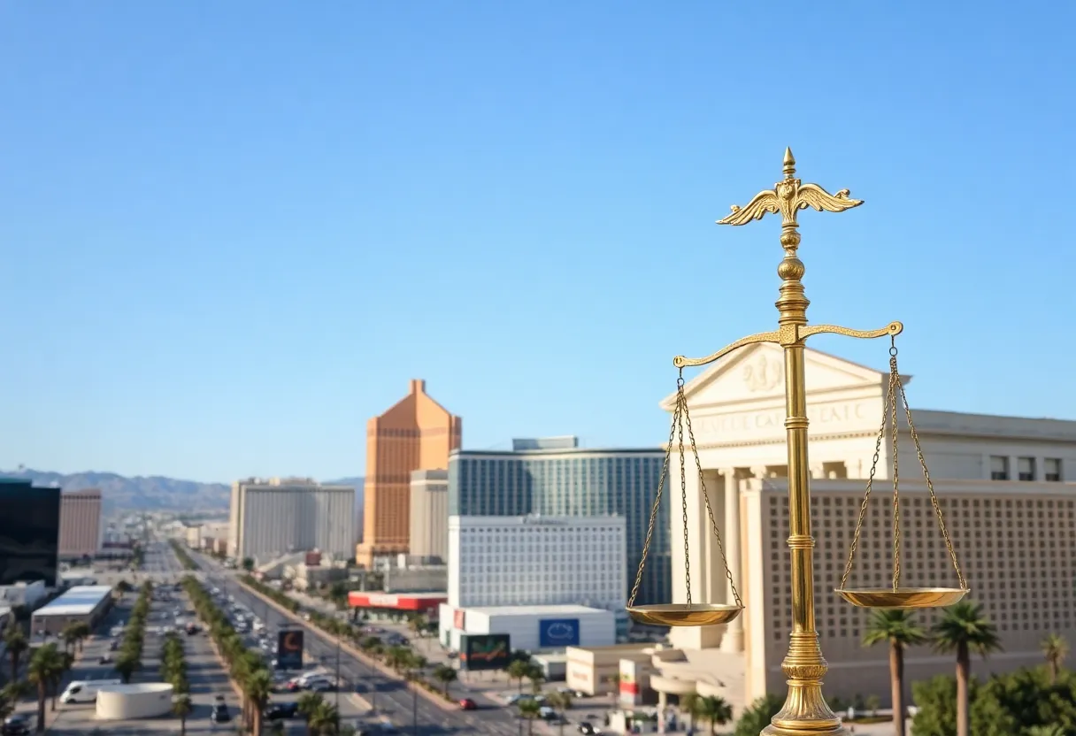 Cityscape of Las Vegas with legal symbols and themes