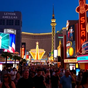 Tourists on the Las Vegas Strip amid bright lights and attractions.