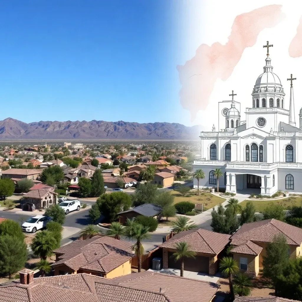 Illustration showing a Las Vegas neighborhood and proposed temple design.