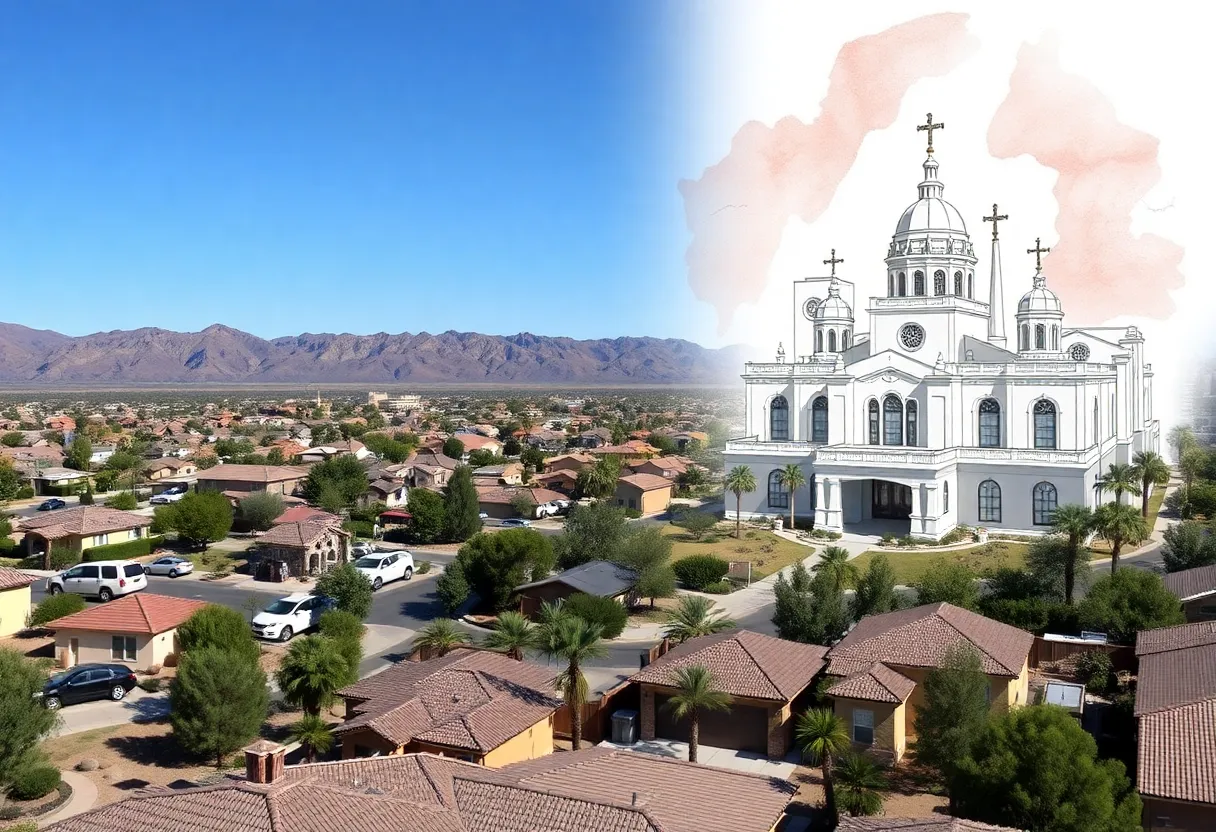 Illustration showing a Las Vegas neighborhood and proposed temple design.