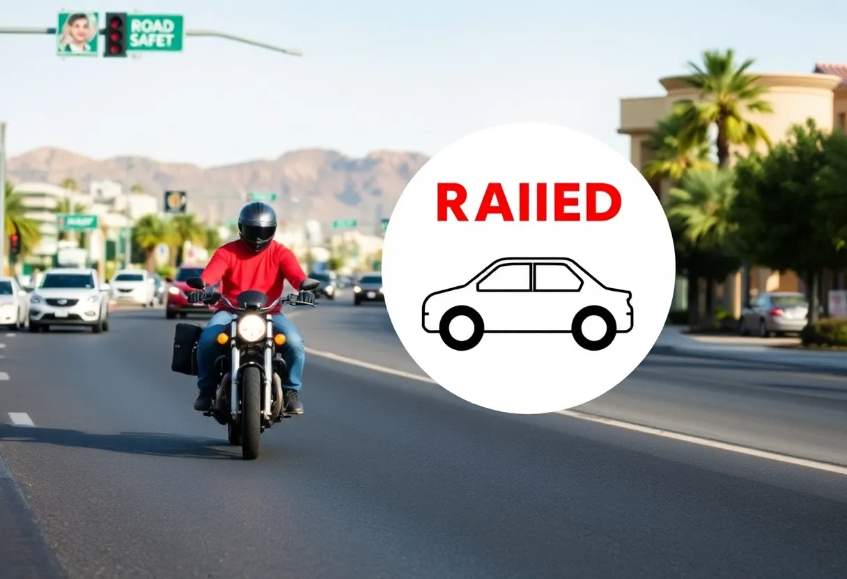 Illustration of a motorcycle and sedan on a busy road, depicting a traffic accident scene.