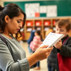 Parent reviewing child's vaccination records in a school