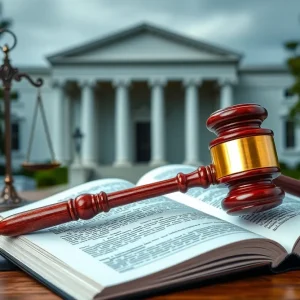 Symbolic representation of legal reform in probate court with family unity elements.