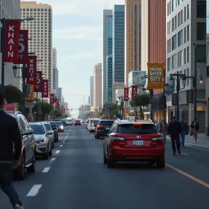 Busy Las Vegas street with pedestrians and vehicles showing road safety