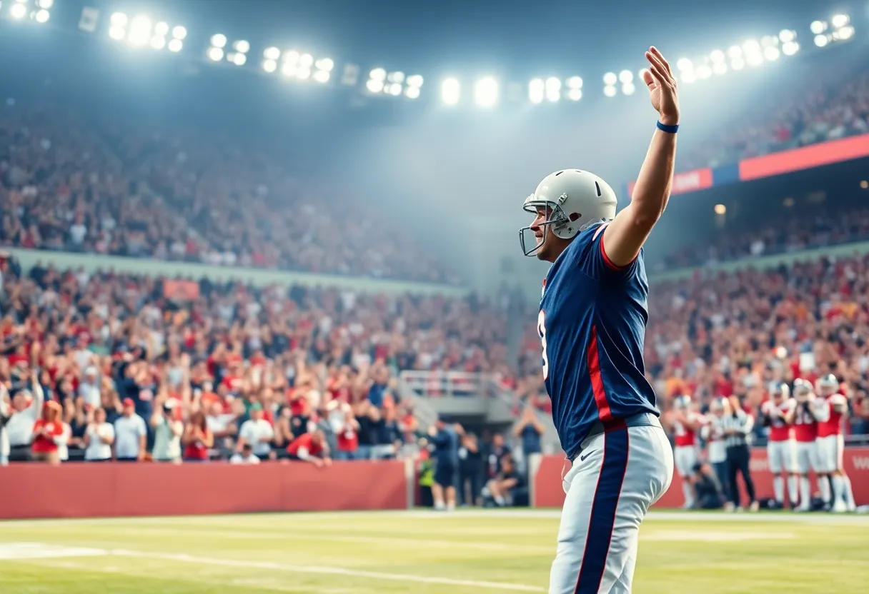 Fans celebrating the drafting of a new player in a football stadium